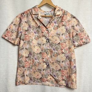 VTG Copy Cats Pink Floral Short Sleeve Button-down Blouse Shirt Top 80s 90s 16